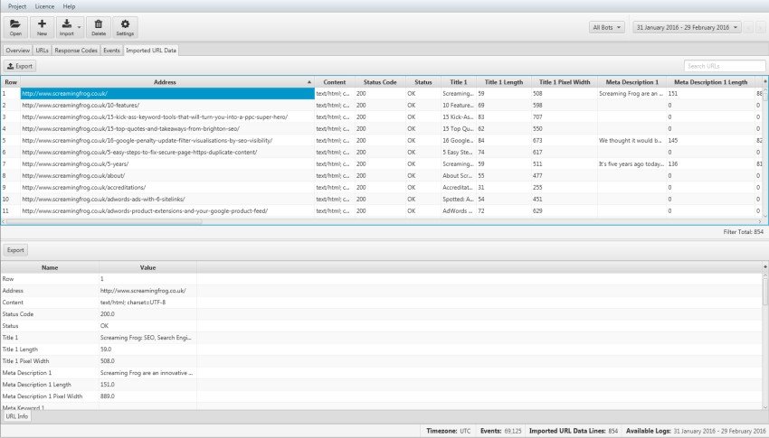 Guida di Log File Analyser: Importare i URLs data