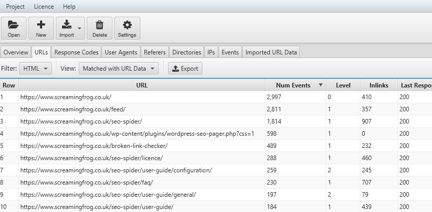 Matched Url fra i file di log e imported Url in log file analyser