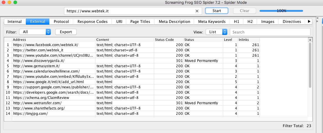 Tab External e Response Code di Screaming Frog
