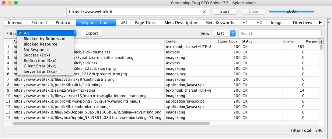Tab Response Code di Screaming Frog