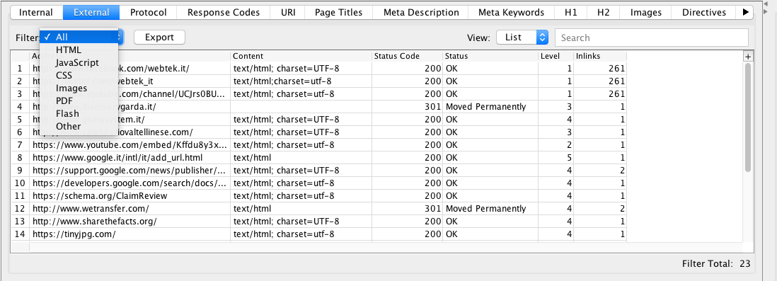 Tab "External" filtrata da Screaming Frog