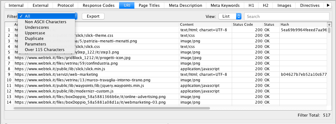 Url Tab, fuzionalità di Screaming Frog