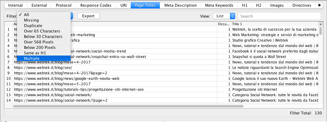 Page Titles, la tab di Screaming Frog