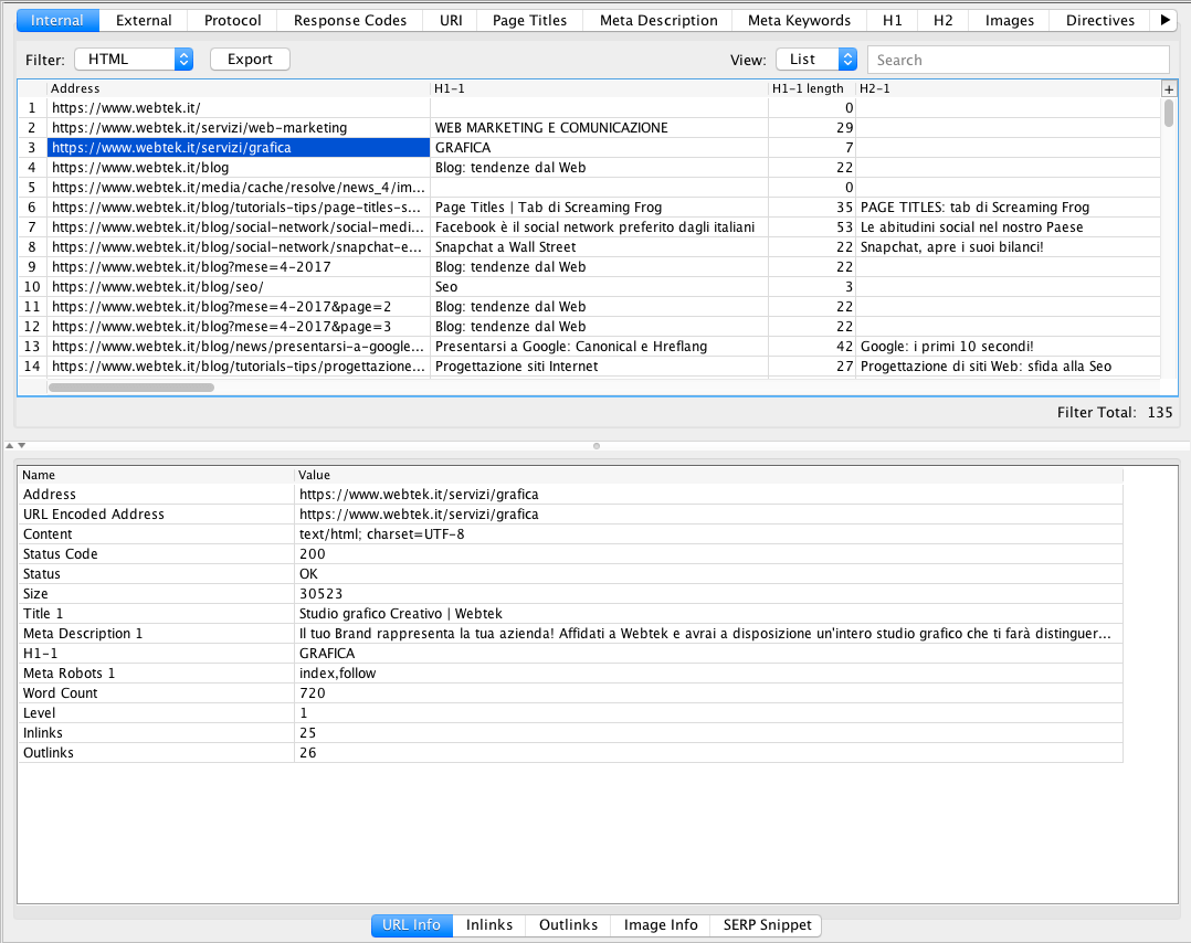 La Tab URL info - schermata bassa Screaming Frog