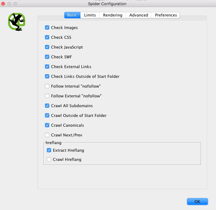 Le configurazioni del Seo Spider di Screaming Frog