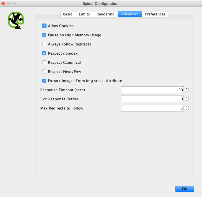 Spider Configuration di Screaming Frog