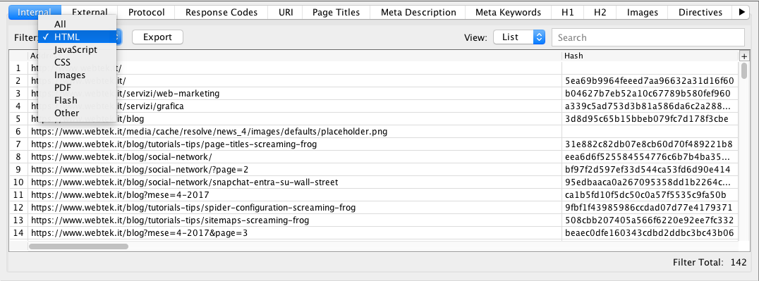 Gestione colonna Hash per i contenuti duplicati su Screaming Frog